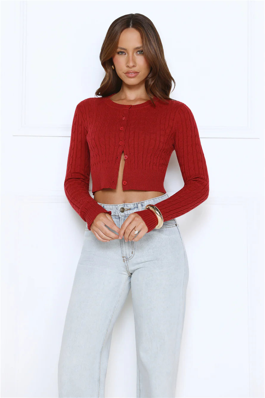 Knit Statement Cable Cropped Cardigan Red