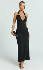 Chloe Midi Dress - Halter Neck Hardware Detail Dress in Black
