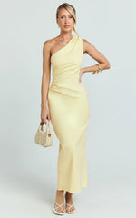 Karlie Midi Dress - One Shoulder Fitted Dress in Lemon