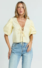 Dana Top - Bow Tie Front Puff Sleeve Blouse in Lemon