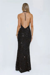 The Sparkling Muse Sequin Halter Maxi Dress Black