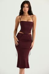 wine satin lace up midi skirt
