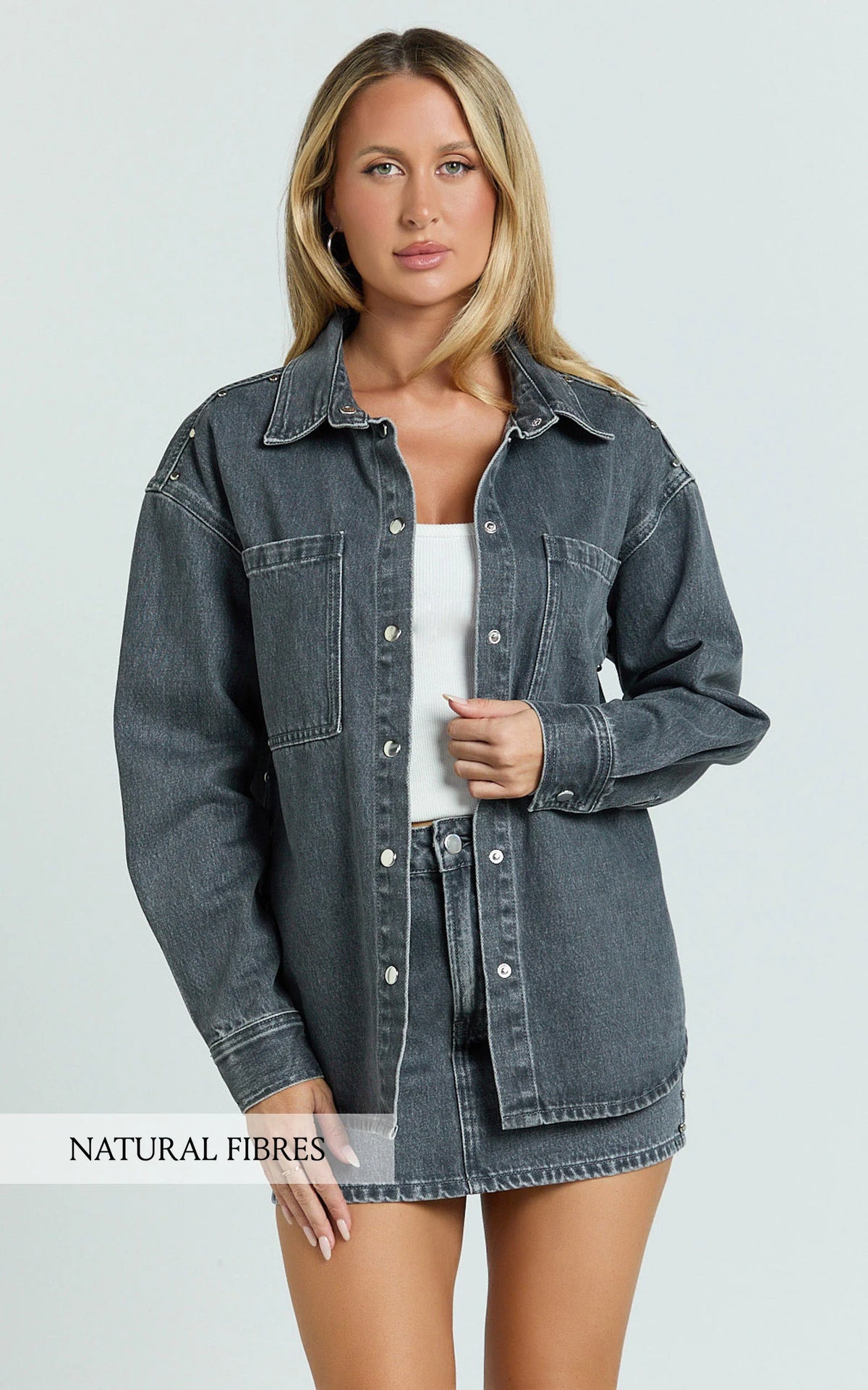 Makayla Top - Long Sleeve Stud Detail Denim Shirt in Dark Grey