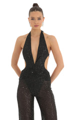 Sequin Plunge Halter Jumpsuit in Black