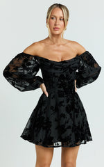 Jessell Mini Dress - Long Sleeve Cowl Corset Dress in Ebony Burnout
