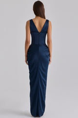 navy satin corset maxi dress