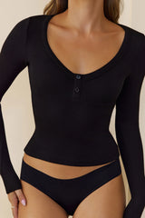 BASE Luxe Rib V Neck Button Long Sleeve Top Black