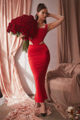 scarlet satin low waist midi skirt