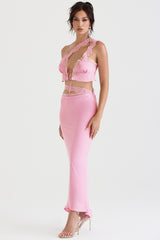 pink lace trim maxi skirt