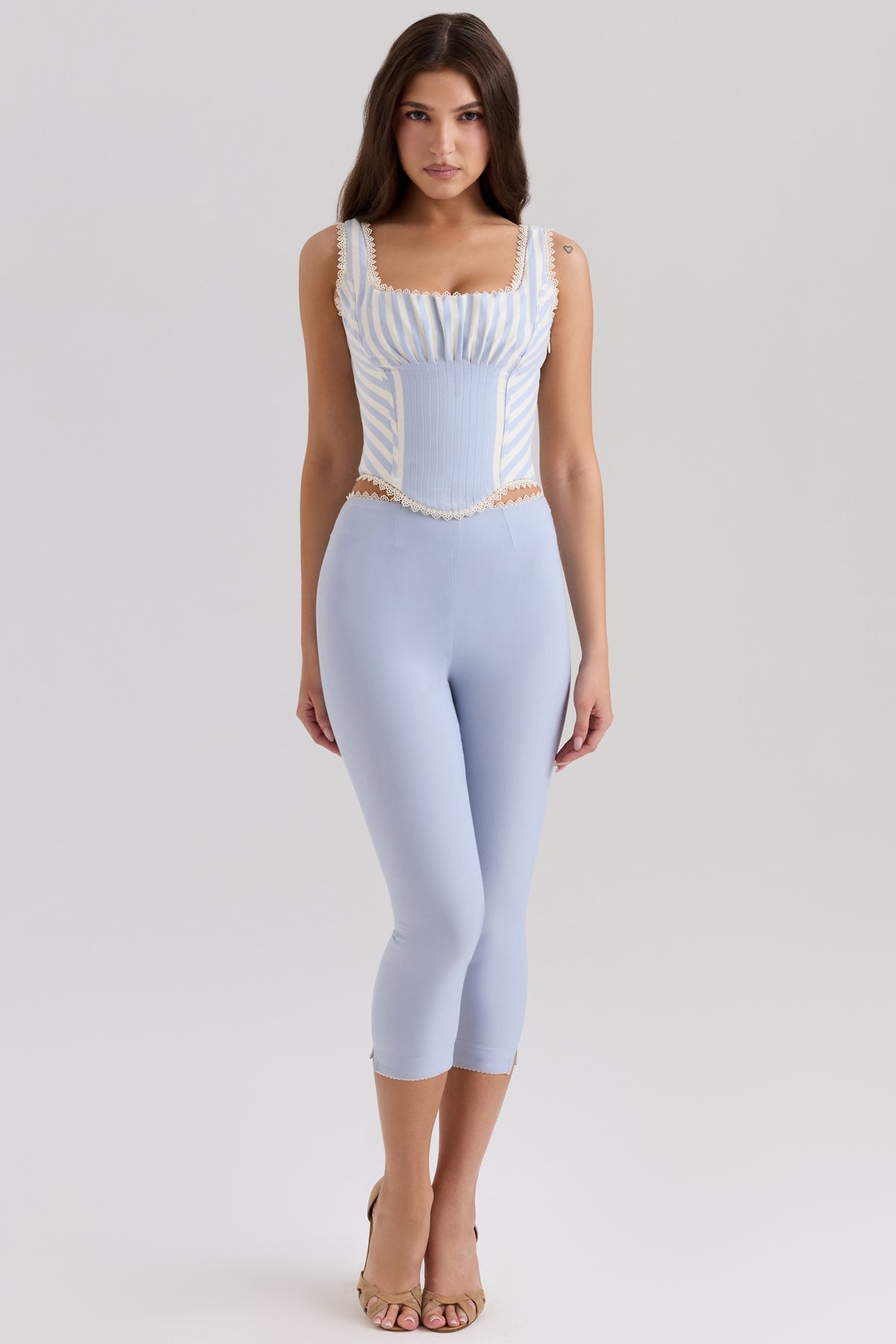 blue stretch twill fitted capri trousers