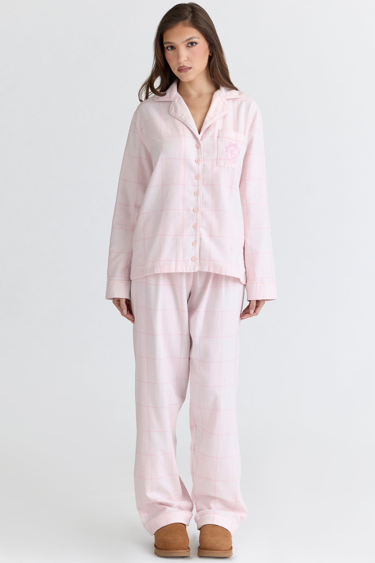 pink check brushed cotton pajama set
