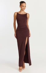 Audette Maxi Dress - Boat Neck Ruched Fitted Dress in Chocolate