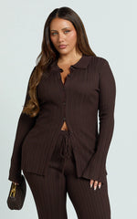 Kelsey Top - Button Through Long Sleeve Knitted Top in Chocolate