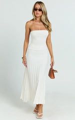 Paris Midi Dress - Strapless Drop Waist Pleated Knit Dress in White