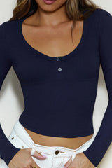 BASE Luxe Rib V Neck Button Long Sleeve Top Navy
