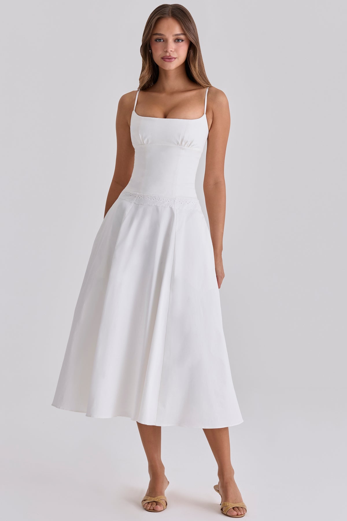 white cotton broderie anglaise trim midi sundress