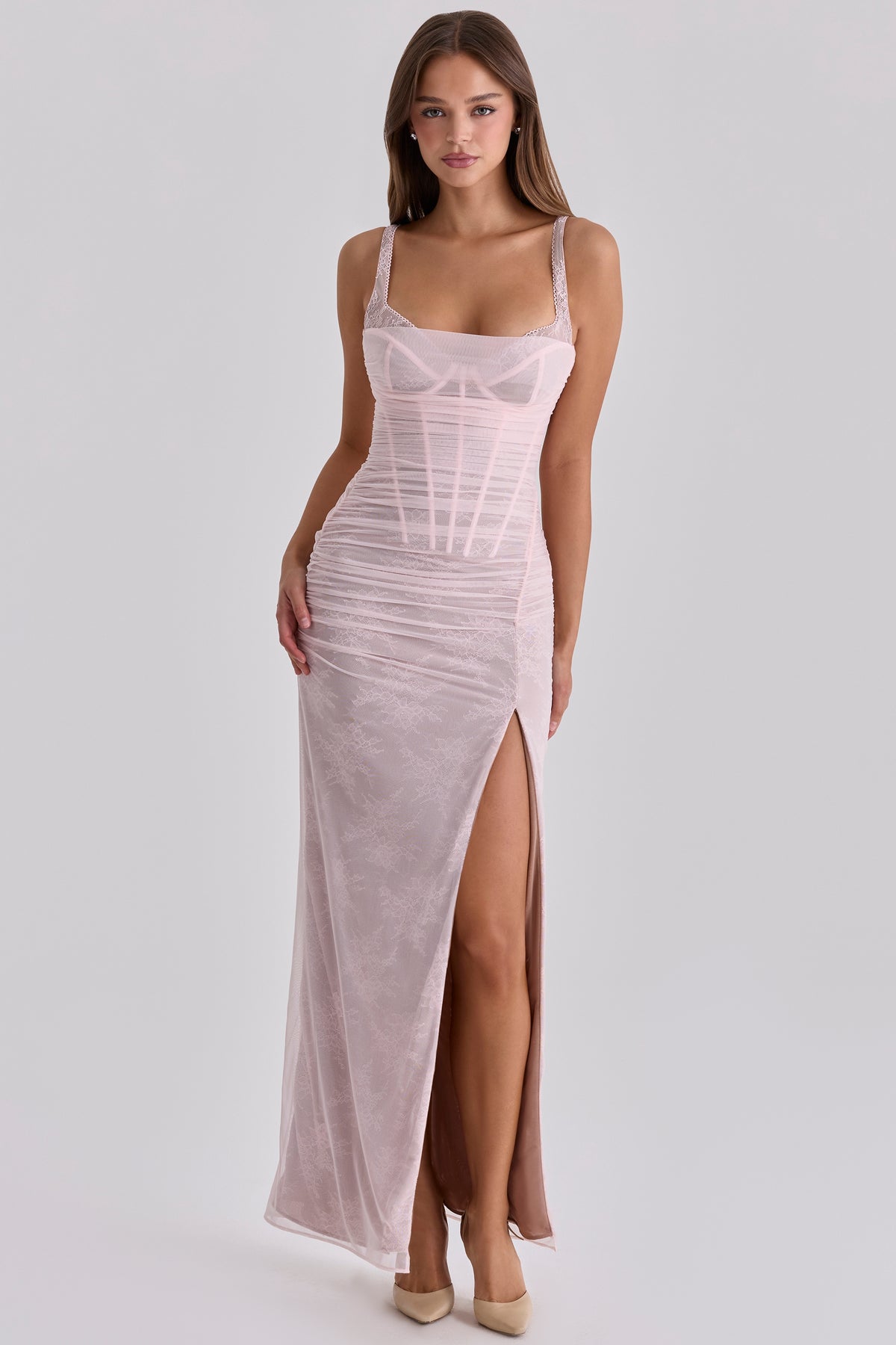 baby pink lace mesh maxi dress