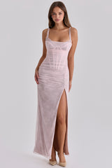 baby pink lace mesh maxi dress