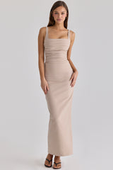 taupe stretch crepe ruched maxi dress