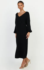 Kartia Midi Dress - V Neck Knit Dress in Black