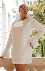 Priscilla Mini Dress ~ White Sequins with Fringe