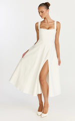 Bernie Midi Dress - Square Neck Strapped Full Circle Skirt Dress in White