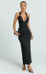 Chloe Midi Dress - Halter Neck Hardware Detail Dress in Black
