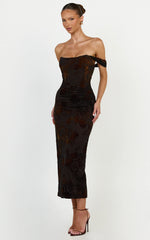 Karlene Midi Dress - Ruched Corset Burnout Dress in Black and Brown