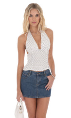 Polka Dot Ruched Halter Top in White