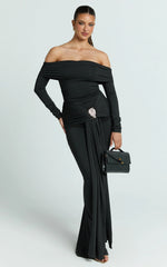 Trish Maxi Dress - Off Shoulder Hardware Trim Bodycon Dress in Black
