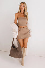 Talk Of The Feed Suede Strapless Crop Top Tan
