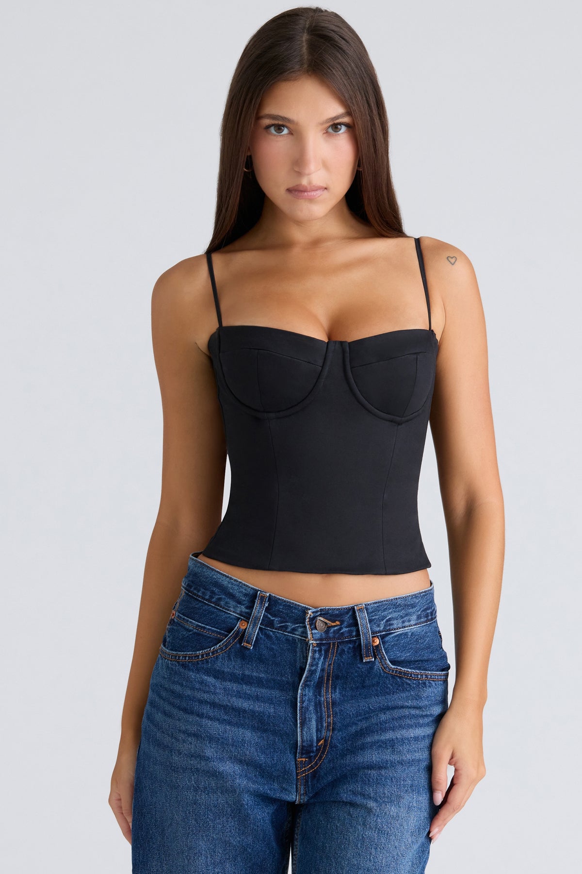 black stretch twill cupped corset top