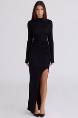 black thigh split gathered maxi dress