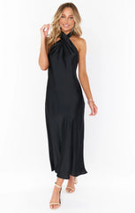 Jasmine Halter Midi Dress ~ Black Luxe Satin