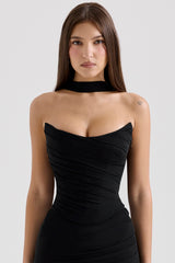 black strapless corset with neck scarf
