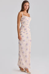 ivory sweet peony print stretch mesh maxi dress