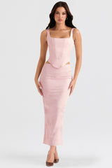 pink metallic floral satin midi skirt