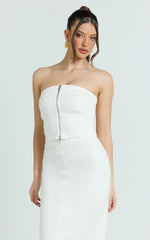 Sahara Top - Strapless Denim Front Double Zip Top in Ecru