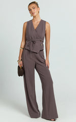 Lorde Top - V Neck Vest Top With Tie Waist in Mushroom